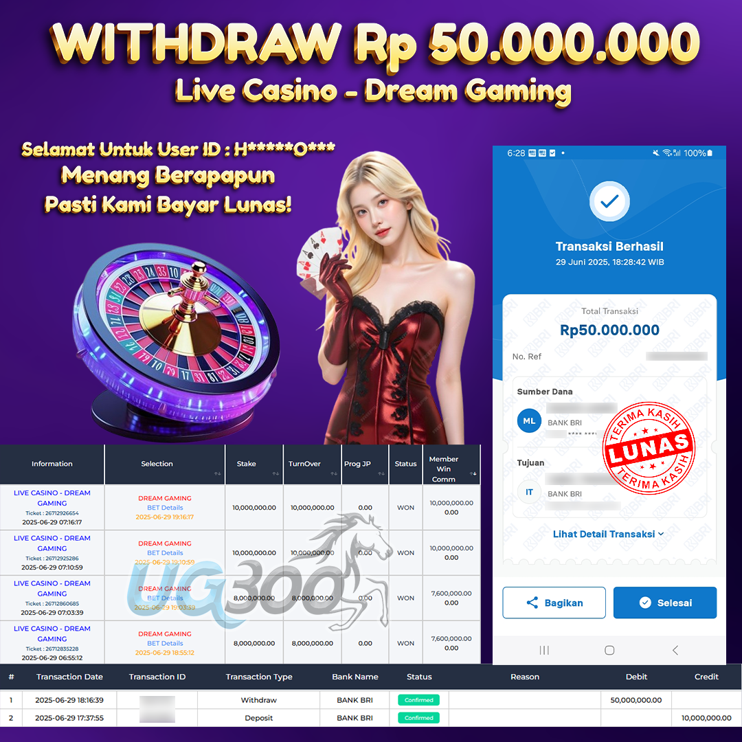 UG300 LIVECASINO DREAM GAMING JACKPOT Rp.50,000,000- DI BAYAR TUNTAS